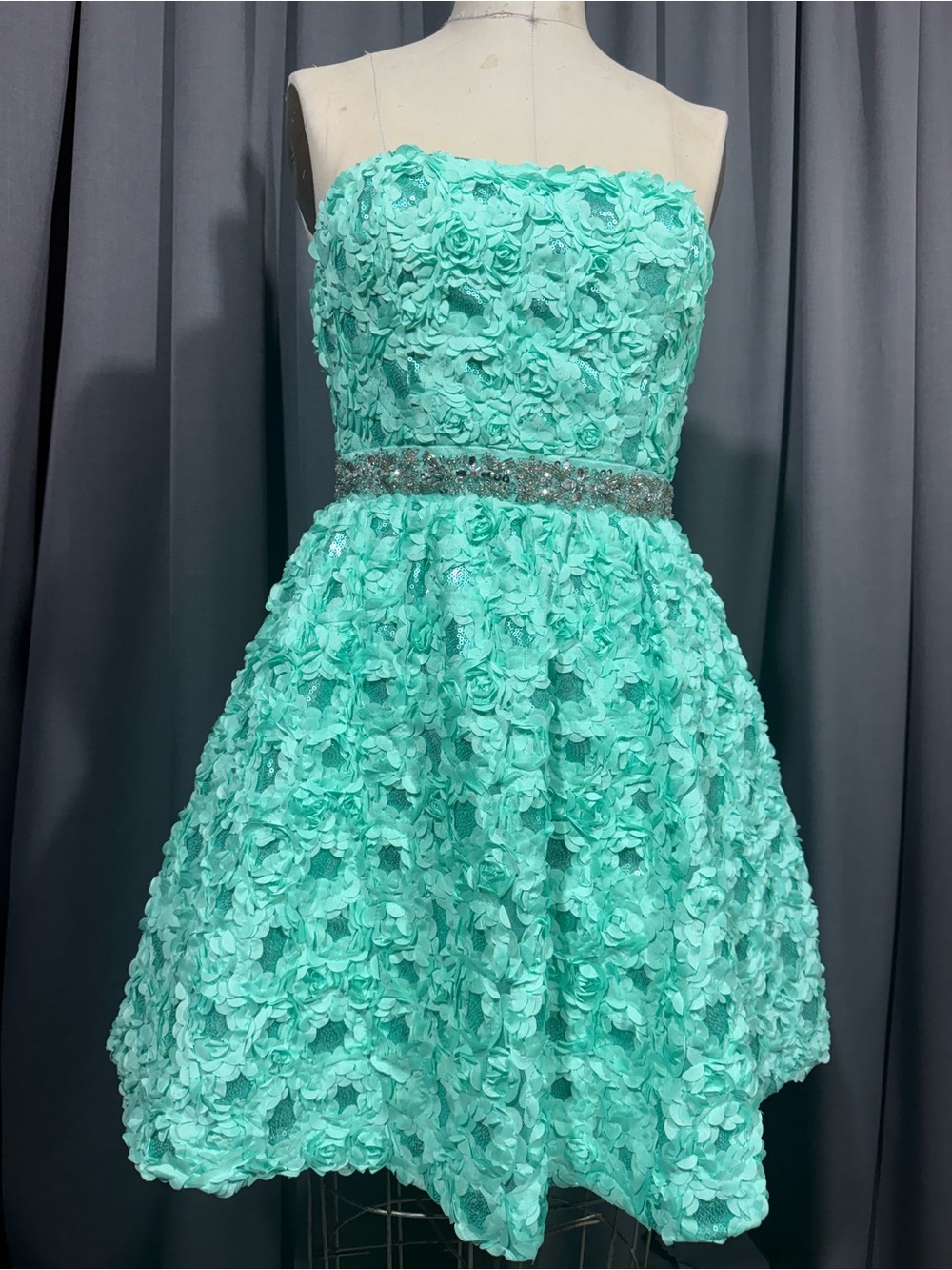 As U Wish Mint Green Strapless Floral Applique Dress with Rhinestone Waistband